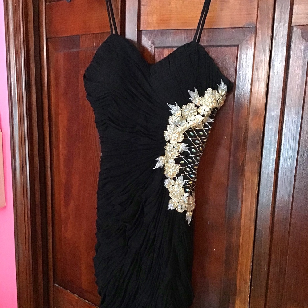La Femme Black shirred mini dress Size 0